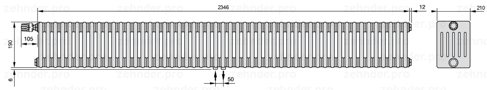 Схема (чертеж) Радиатор Zehnder Charleston 6019/51 №V007 Белый глянцевый RAL 9016